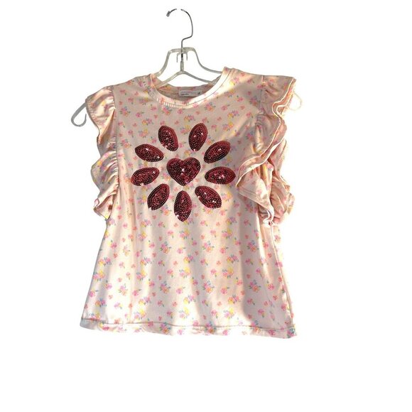 Young Hearts Girls Graphic Tee Pink Floral Sequined Size 10 - Picture 1 of 5